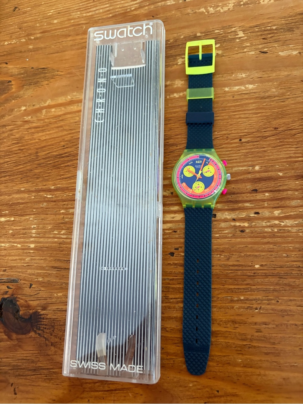 Swatch Chrono Grand Prix Navy Blue Strap Watch with Neon Yellow